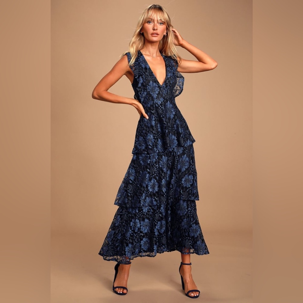 Lulus Molinetto Navy Blue Lace Ruffled Tiered Sleeveless Maxi Dress